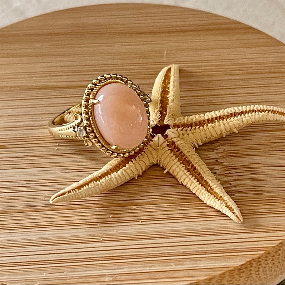 14K Yellow gold natural Oval cabochon Peruvian pink opal & diamonds ring RARE - Picture 5 of 16